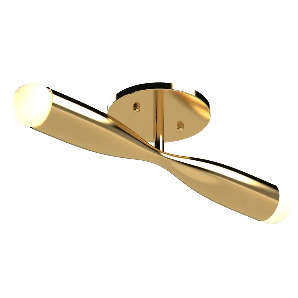 Gold-finished bow flush mount ceiling light with two twisted arms and integrated led bulbs