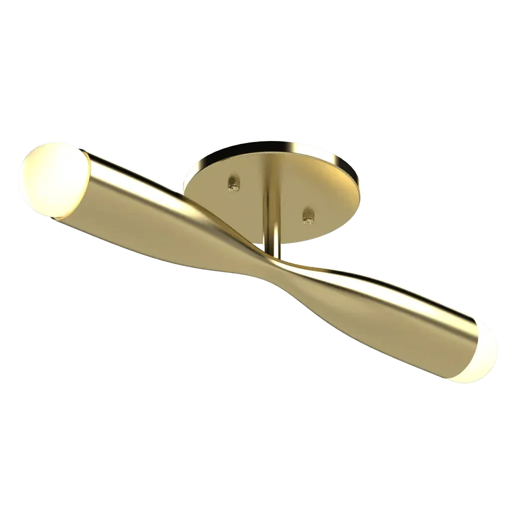 Bow flush mount modern ceiling light fixture with two illuminated gold-colored cylindrical arms twisted around central support