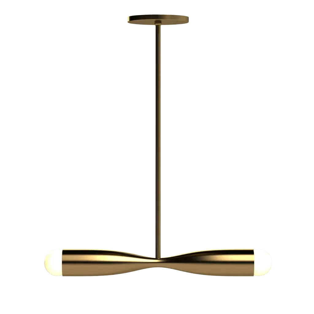 Bow Linear Pendant - polished brass finish, three-quarter view with light on