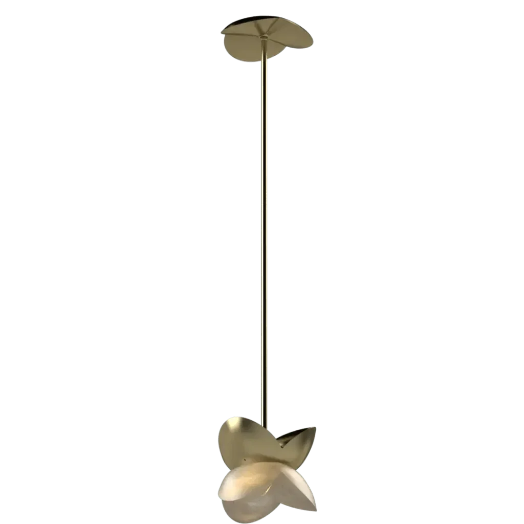 Bud Pendant - polished brass finish, three-quarter view showing curved petal folds