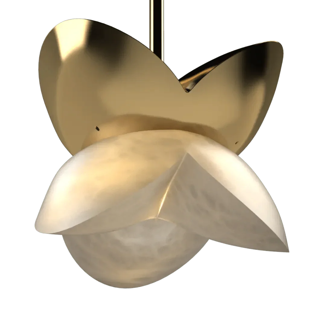 Bud Pendant - polished brass finish, close-up of metal petal fabrication