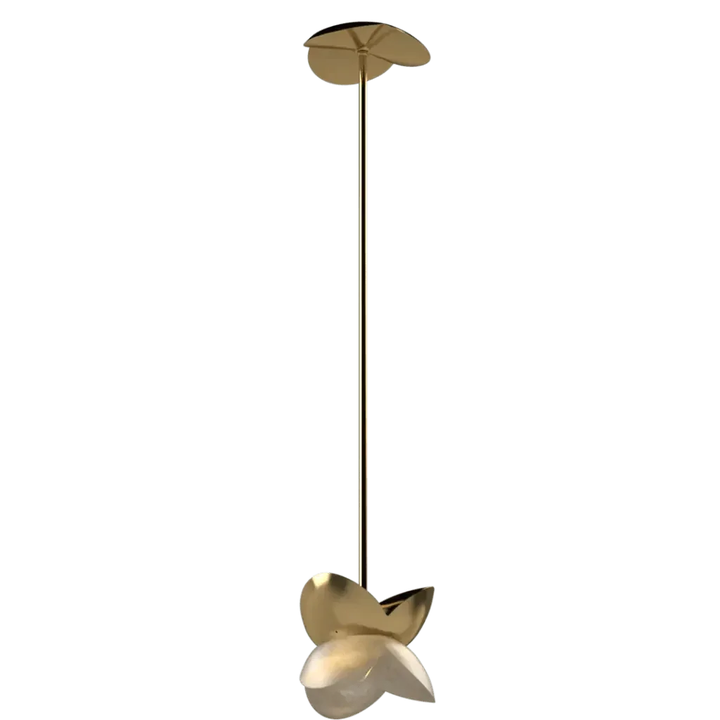 Bud Pendant - polished brass finish, front elevation showing lotus flower bud form with thin suspension rod