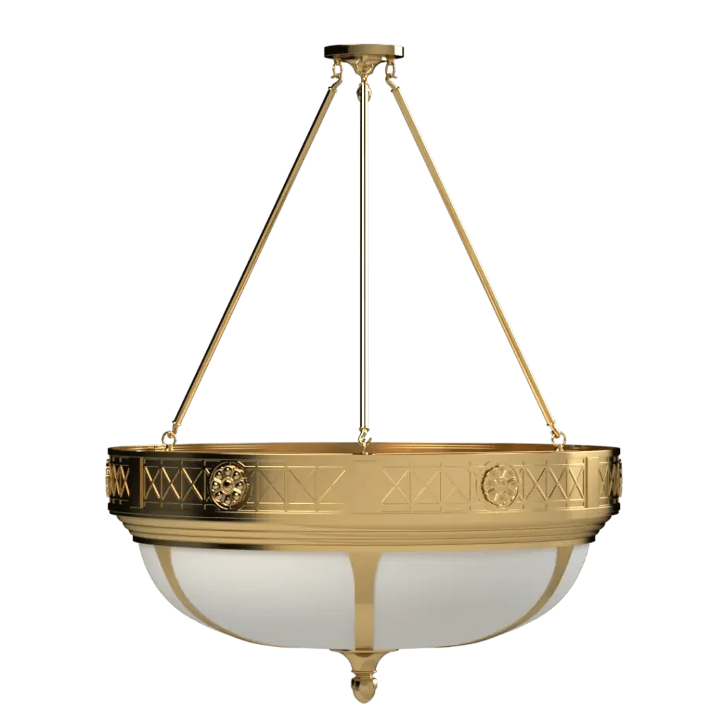 Buttonwood pendant light featuring a polished gold finish bowl-shaped design with frosted glass and geometric patterns