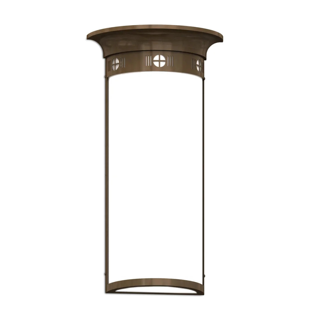 Bronze-colored outdoor wall sconce with a curved design and decorative cutouts.