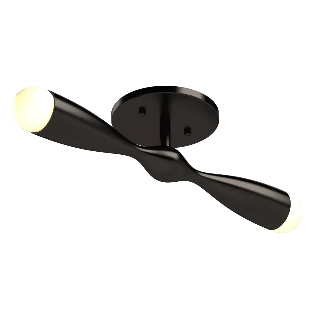 Camber flush mount black two-light ceiling fixture with twisted metal bar design for modern interior lighting