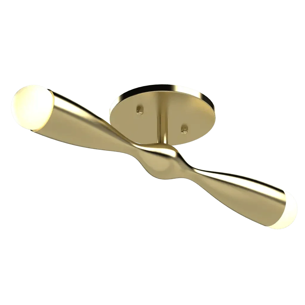 Camber flush mount brass-colored two-light led ceiling fixture with twisted linear design for modern interiors