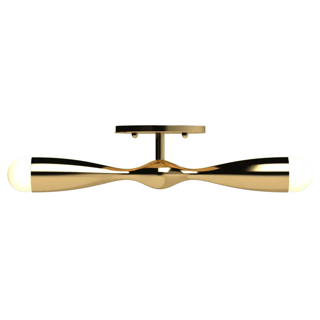 Camber flush mount modern ceiling light fixture with gold finish and two illuminated ends featuring a wavy design