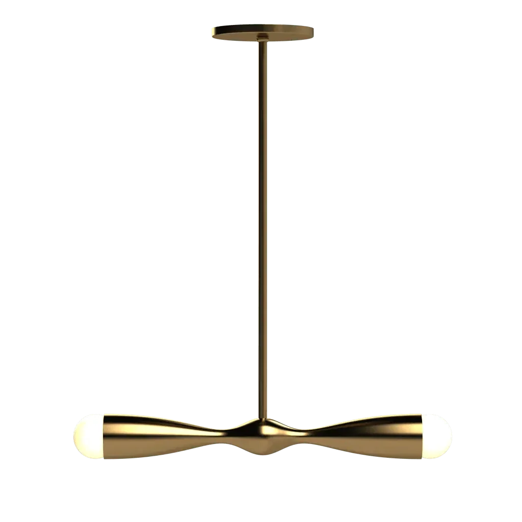 Camber Linear Pendant - polished brass finish, three-quarter view with light on