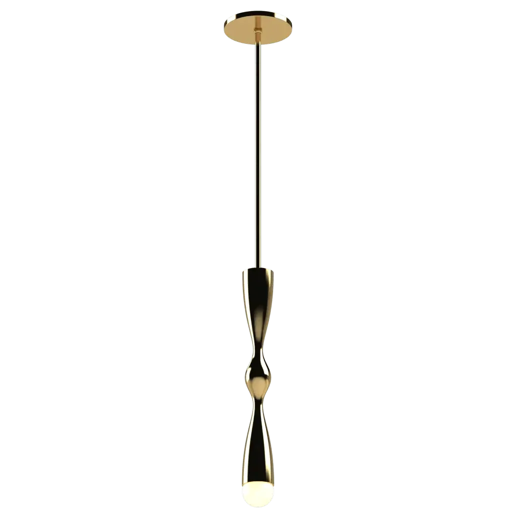 Camber Pendant - polished brass finish, side profile showing arm extending from ceiling