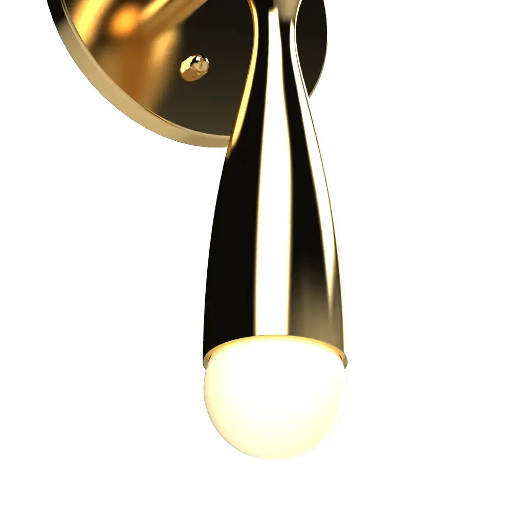 Camber Sconce - polished brass finish, front view with light on showing illuminated candelabra socket