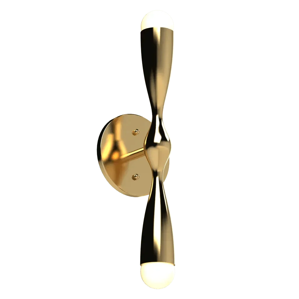 Camber Sconce - polished brass finish, three-quarter view showing cambered arm and round backplate