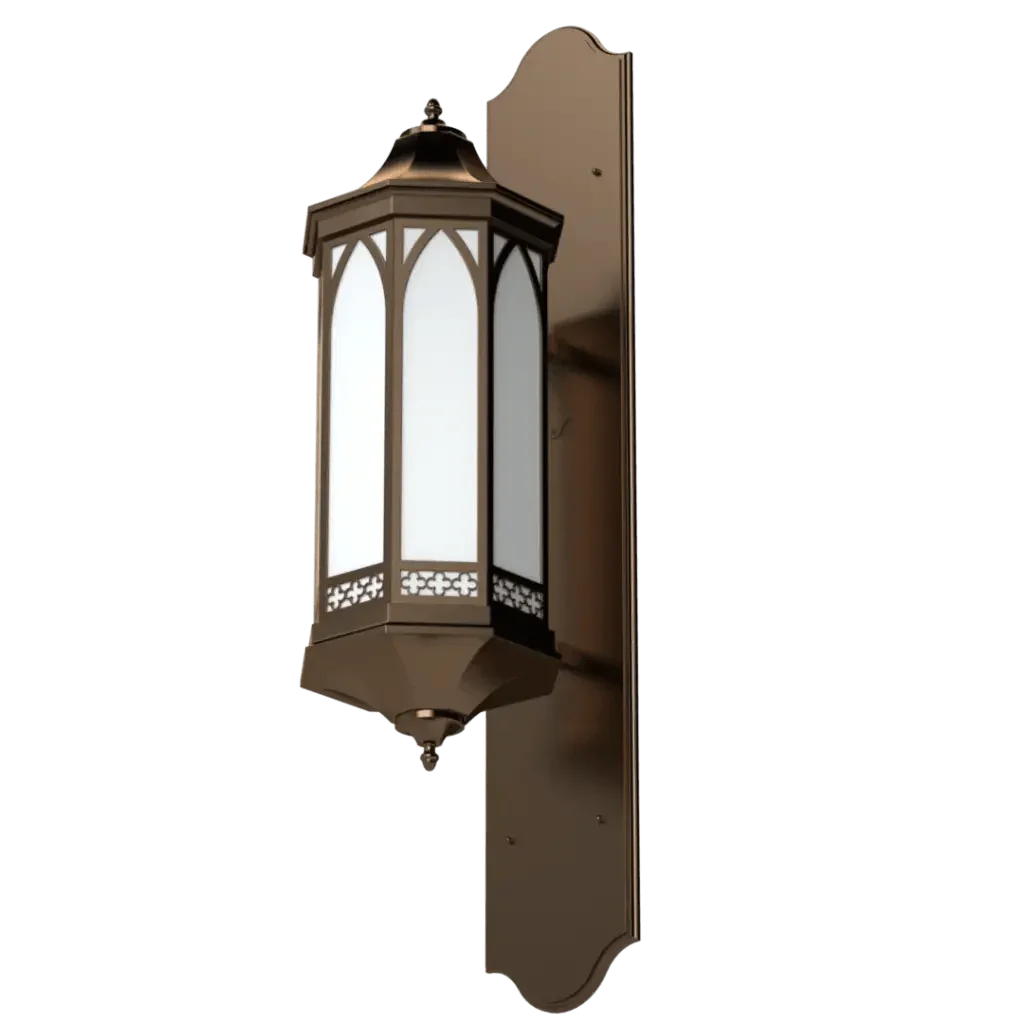 Central Ave. Sconce - polished brass finish, detail of white opal glass with pointed Gothic arch frames