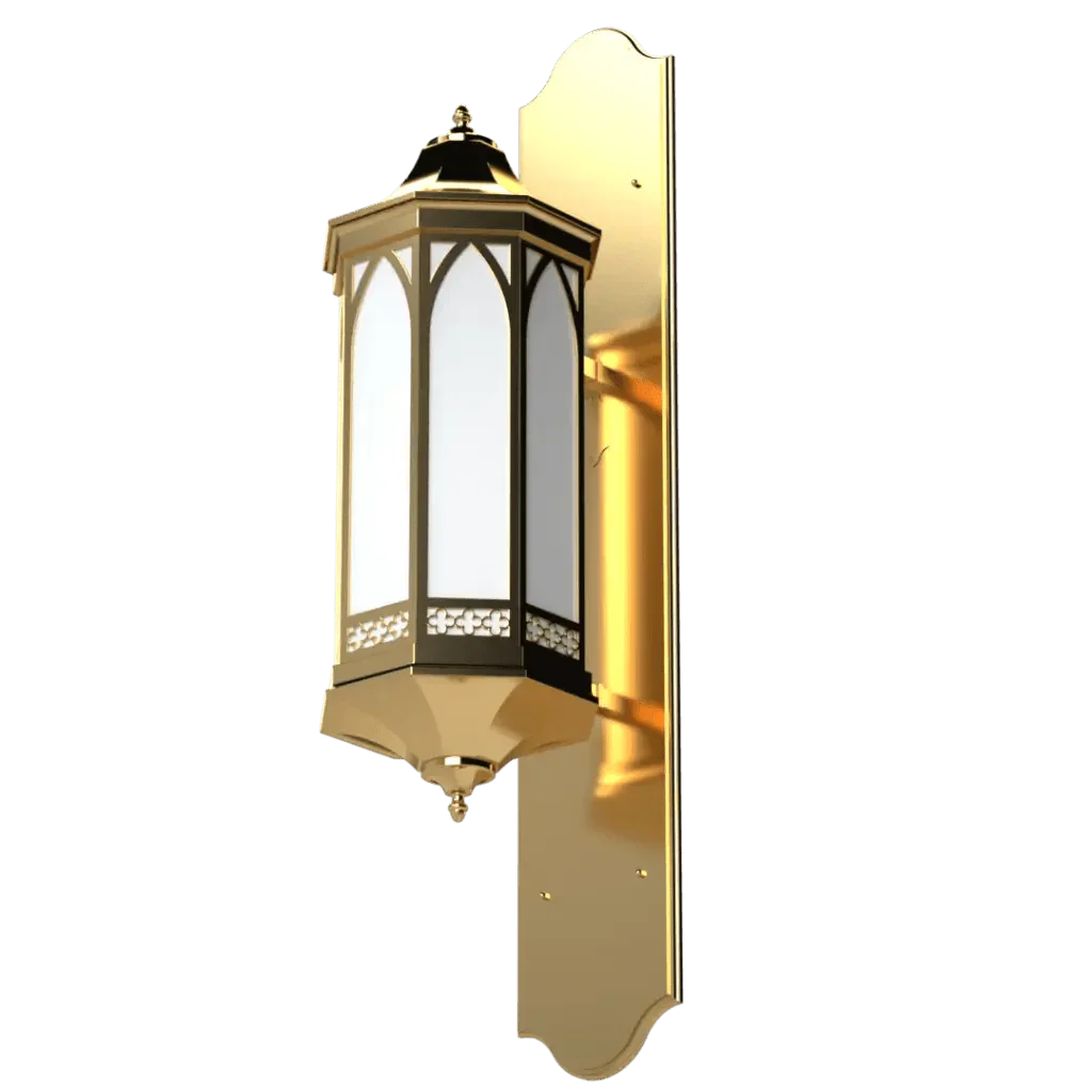 Central Ave. Sconce - polished brass finish, front elevation showing hexagonal lantern form with Gothic arch glass panels