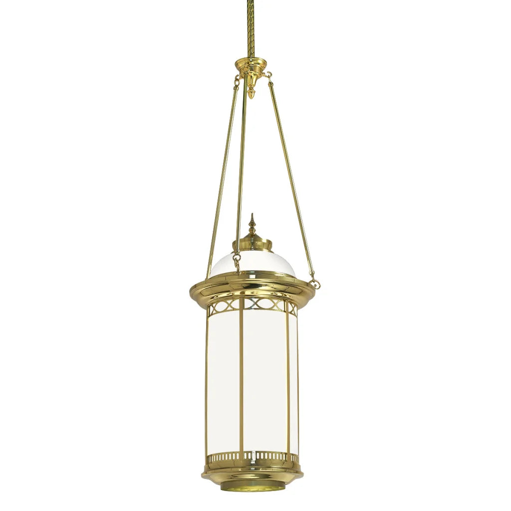 Brass lantern with glass panels and rope hanger.