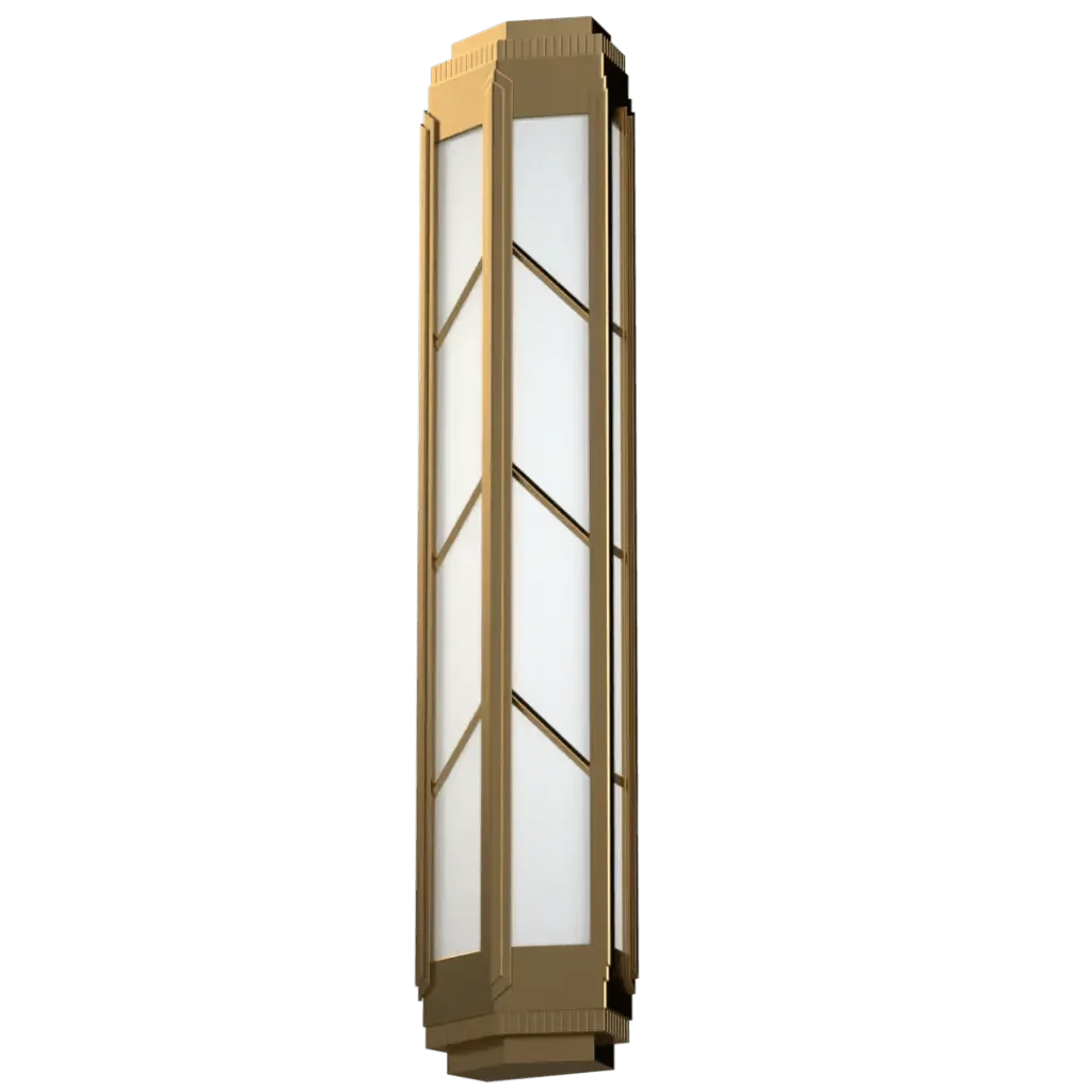 Chisolm Sconce - polished brass finish, detail of diagonal metal bars creating truss-like appearance