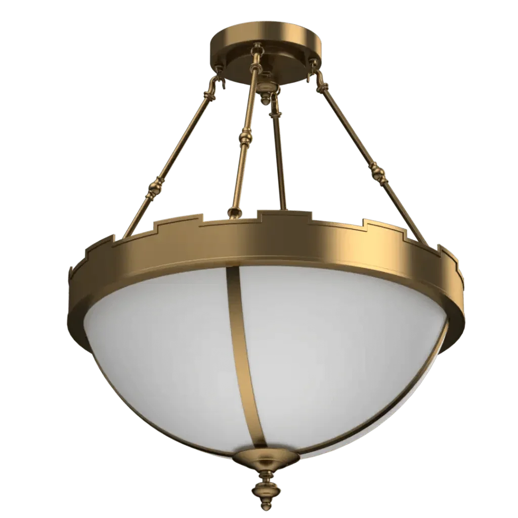 Citadel Pendant - polished brass finish, side profile showing stepped geometric rim and four angled suspension rods