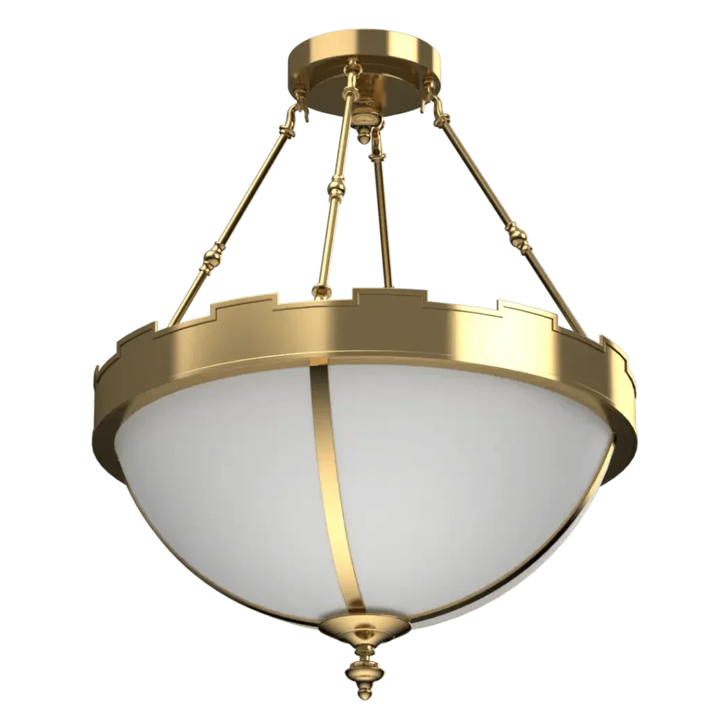 Citadel Pendant - polished brass finish, front elevation showing bowl form with cogwheel rim profile and four-rod suspension