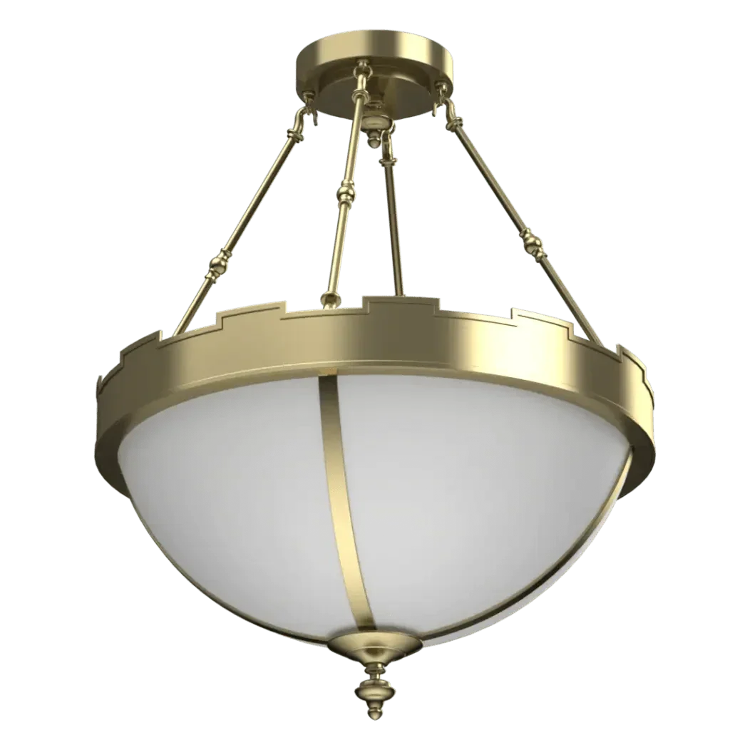Citadel Pendant - polished brass finish, three-quarter view showing wide semi-spherical opal glass shade
