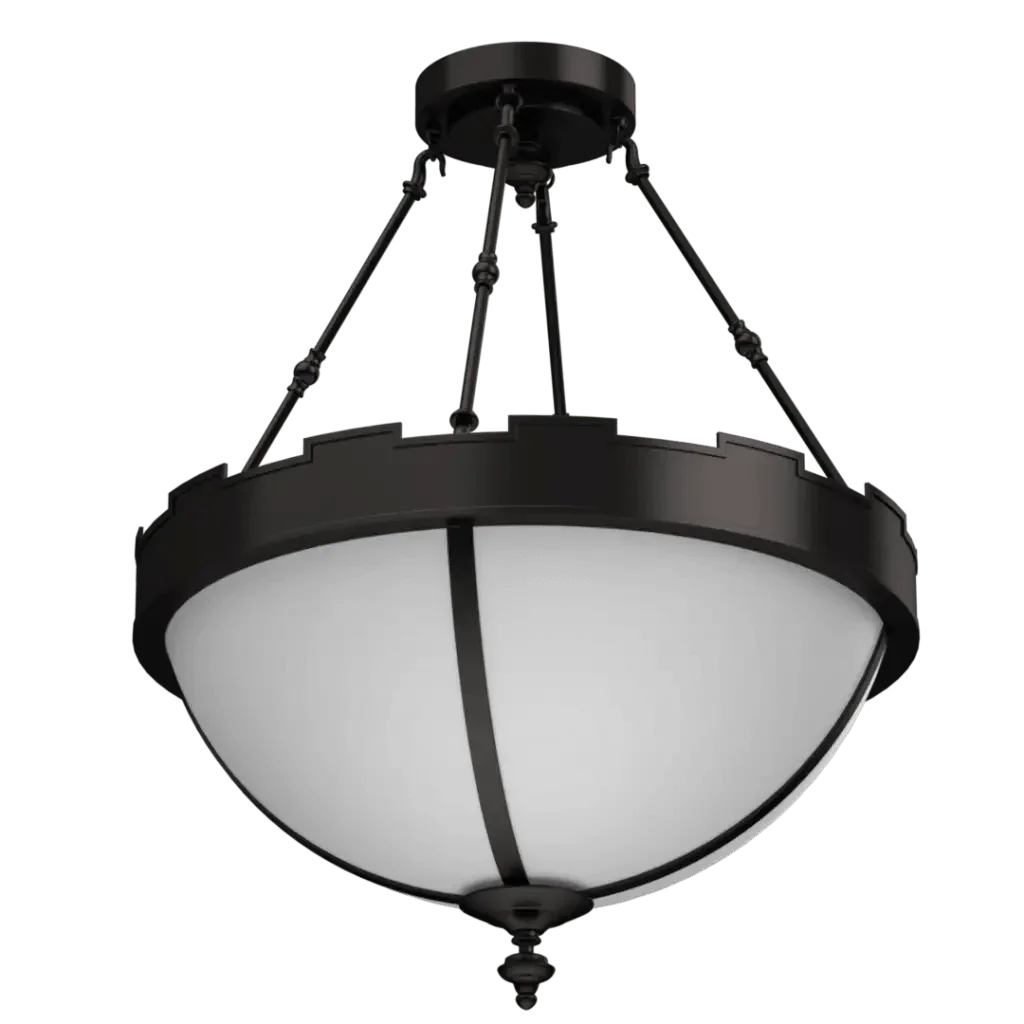 Citadel Pendant - polished brass finish, detail of central vertical strut holding glass shade