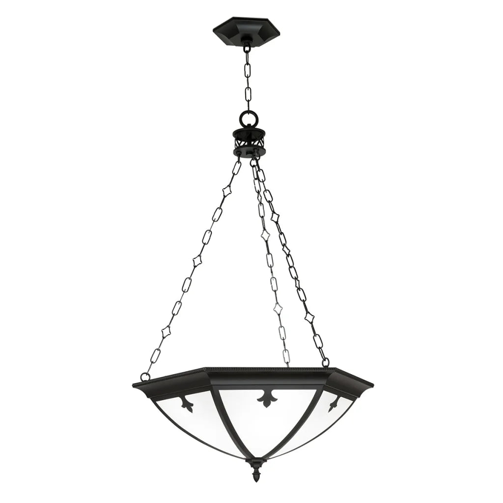 Black wrought iron pendant light with clear glass shade and chain suspension.
