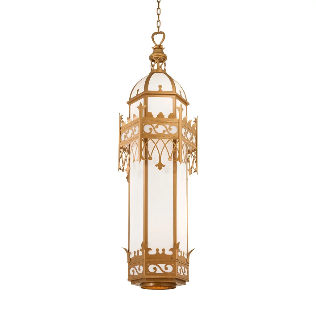 Gold gothic lantern with clear glass panels and ornate metalwork.