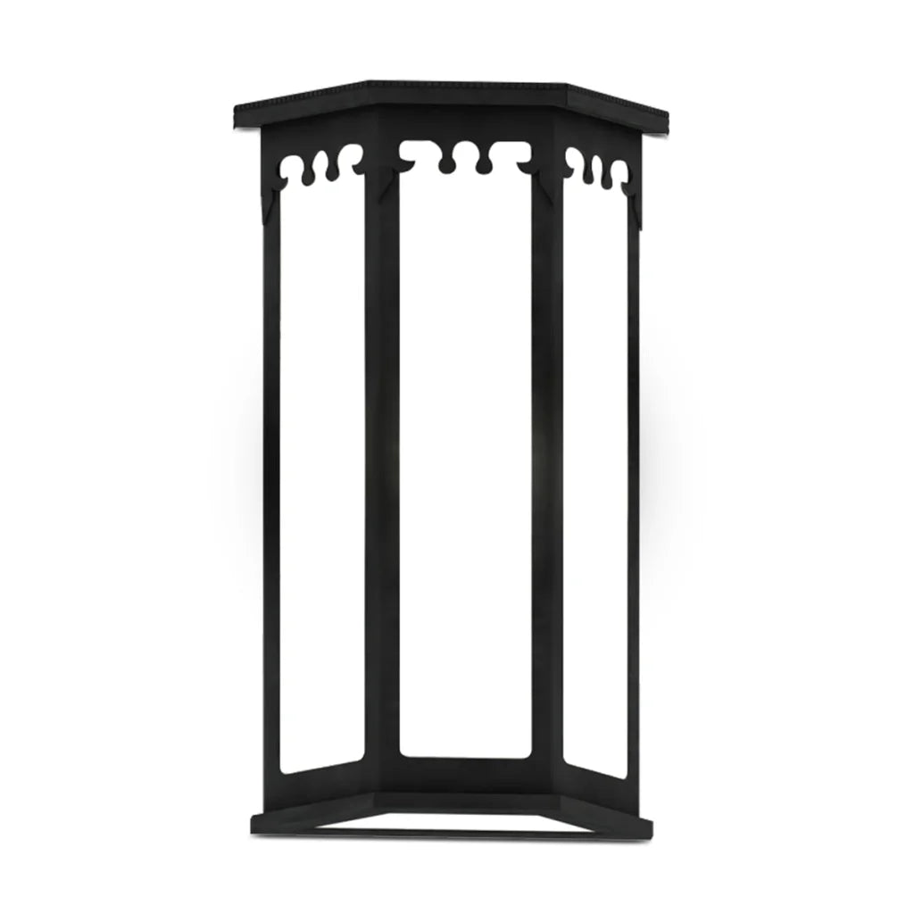 Black metal lantern with gothic design elements and hexagonal top.