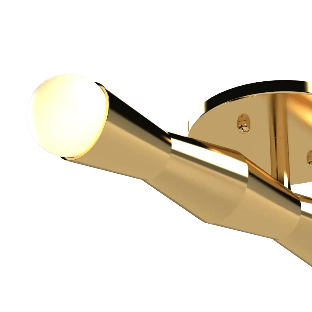Column flush mount gold multi-directional wall or ceiling light fixture with glowing spherical bulb in warm metal finish