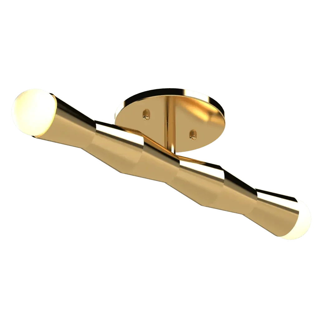 Column flush mount horizontal shiny gold tubular ceiling light with illuminated ends and round mounting plate