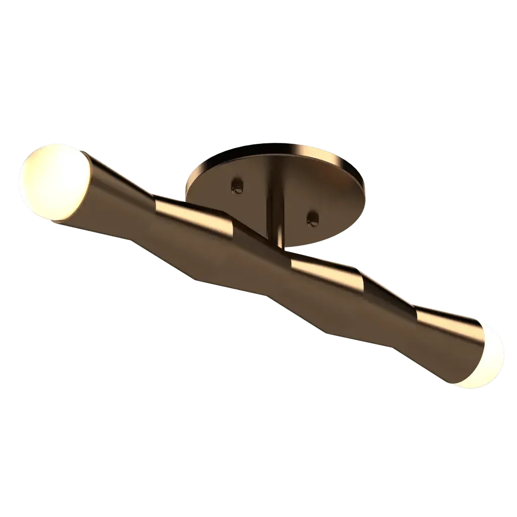 Column flush mount two-light bronze ceiling fixture with glowing bulb ends in a modern design