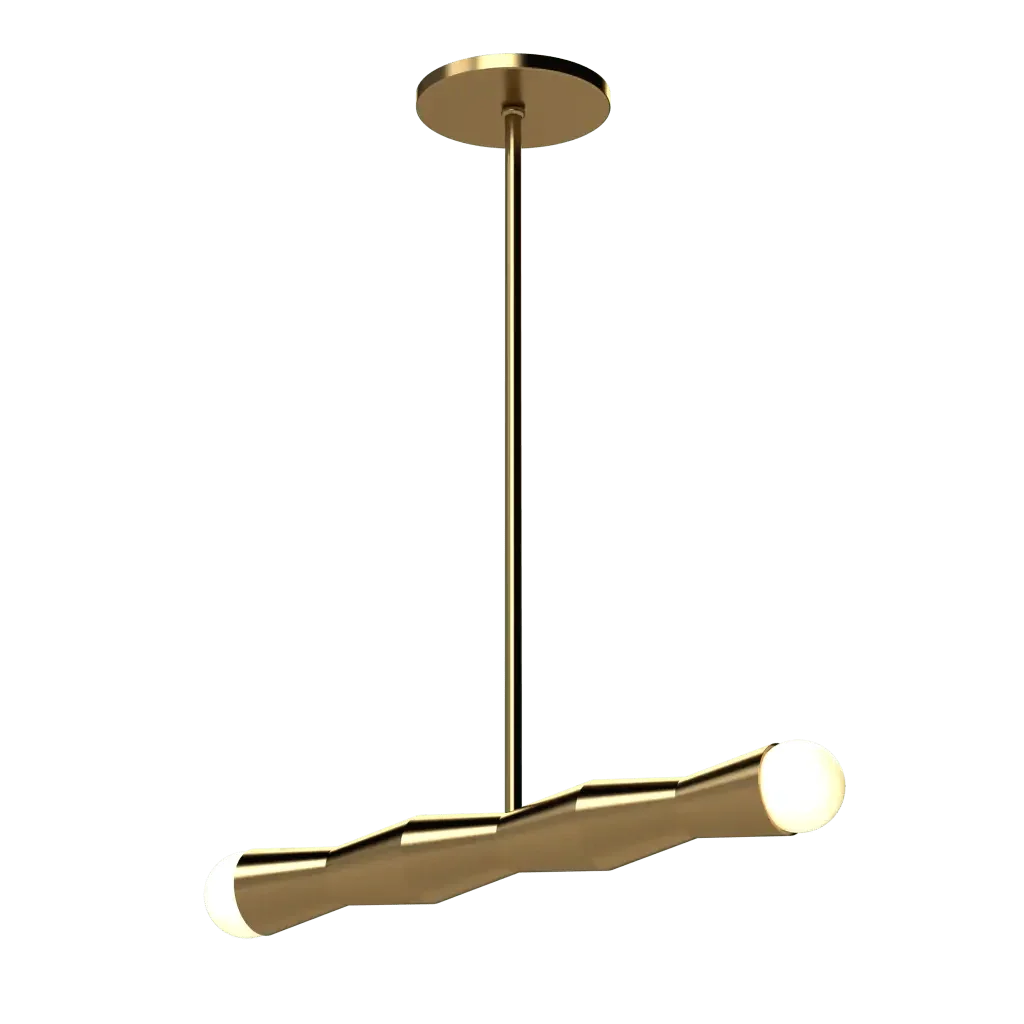 Column Linear Pendant - polished brass finish, three-quarter view with light on