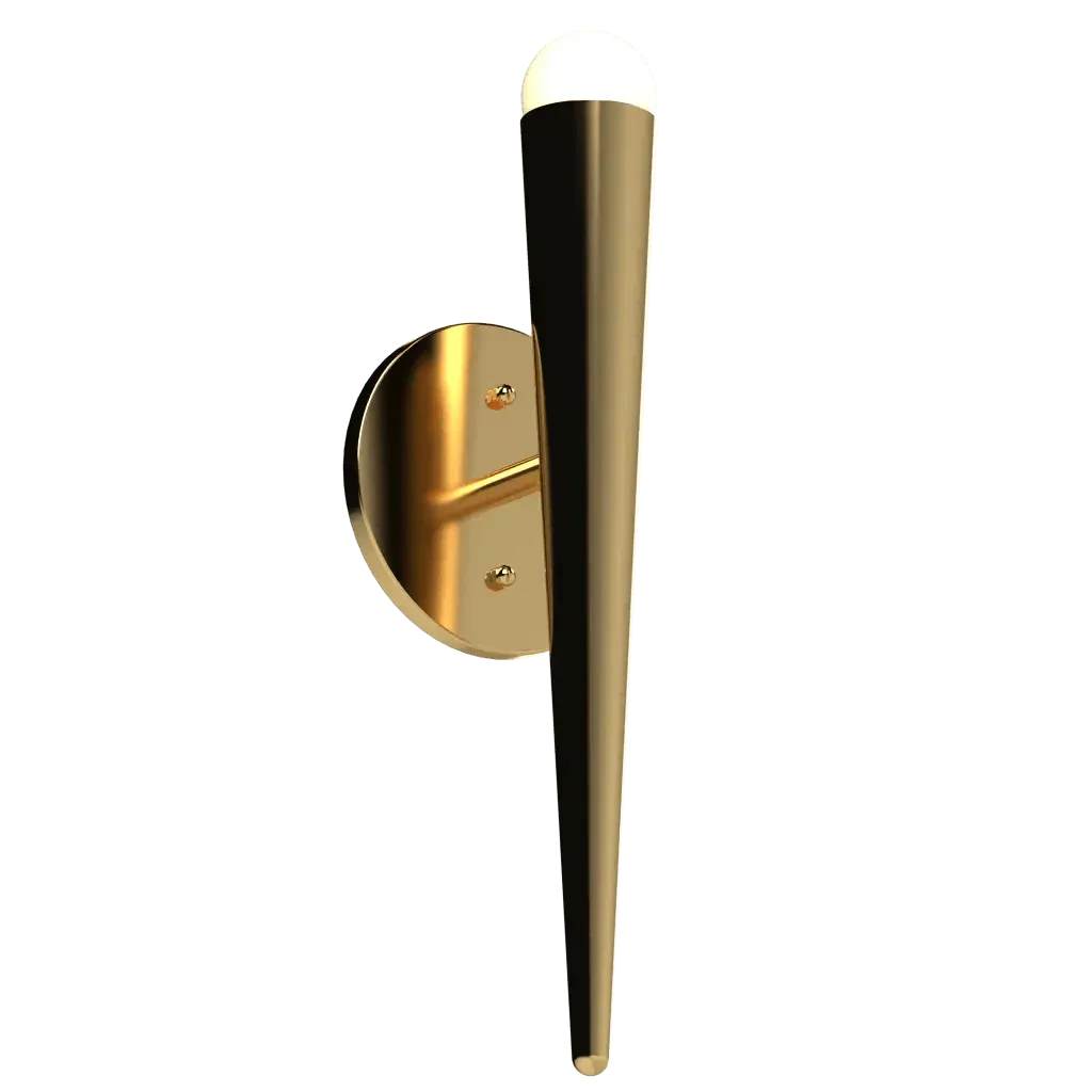 Conic Sconce - polished brass finish, side profile showing tapered arm and round backplate