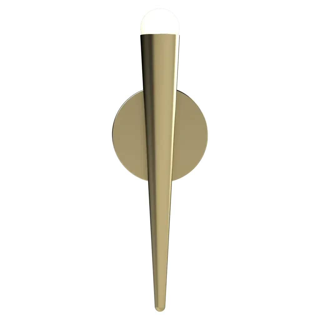 Conic Sconce - polished brass finish, front view with light on showing illuminated top
