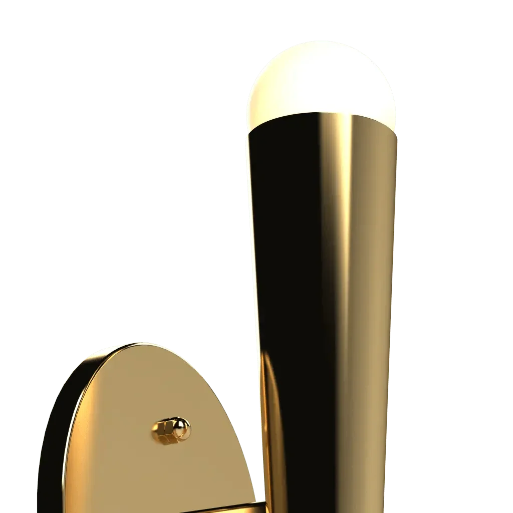 Conic Sconce - polished brass finish, front view with illuminated candelabra socket