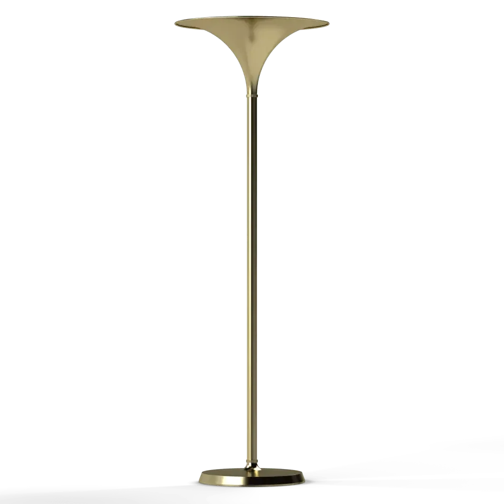Gold-colored metal Cornet floor lamp with a flared disc-shaped top and round base for elegant lighting