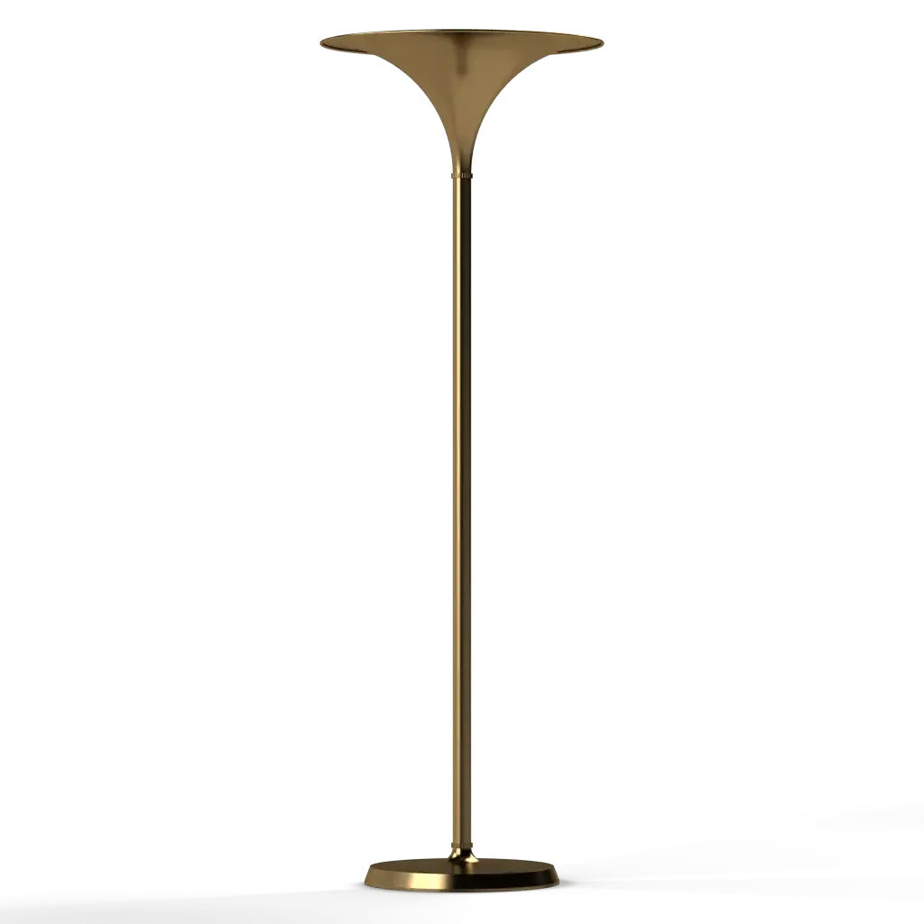 A gold-colored modern cornet floor lamp with a flared disc-shaped shade and round base