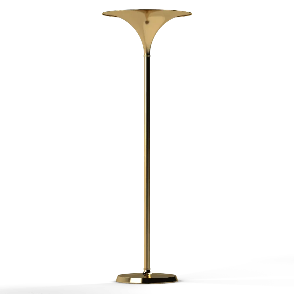 Cornet floor lamp gold polished metal with flared trumpet-shaped top and hexagonal base for elegant lighting