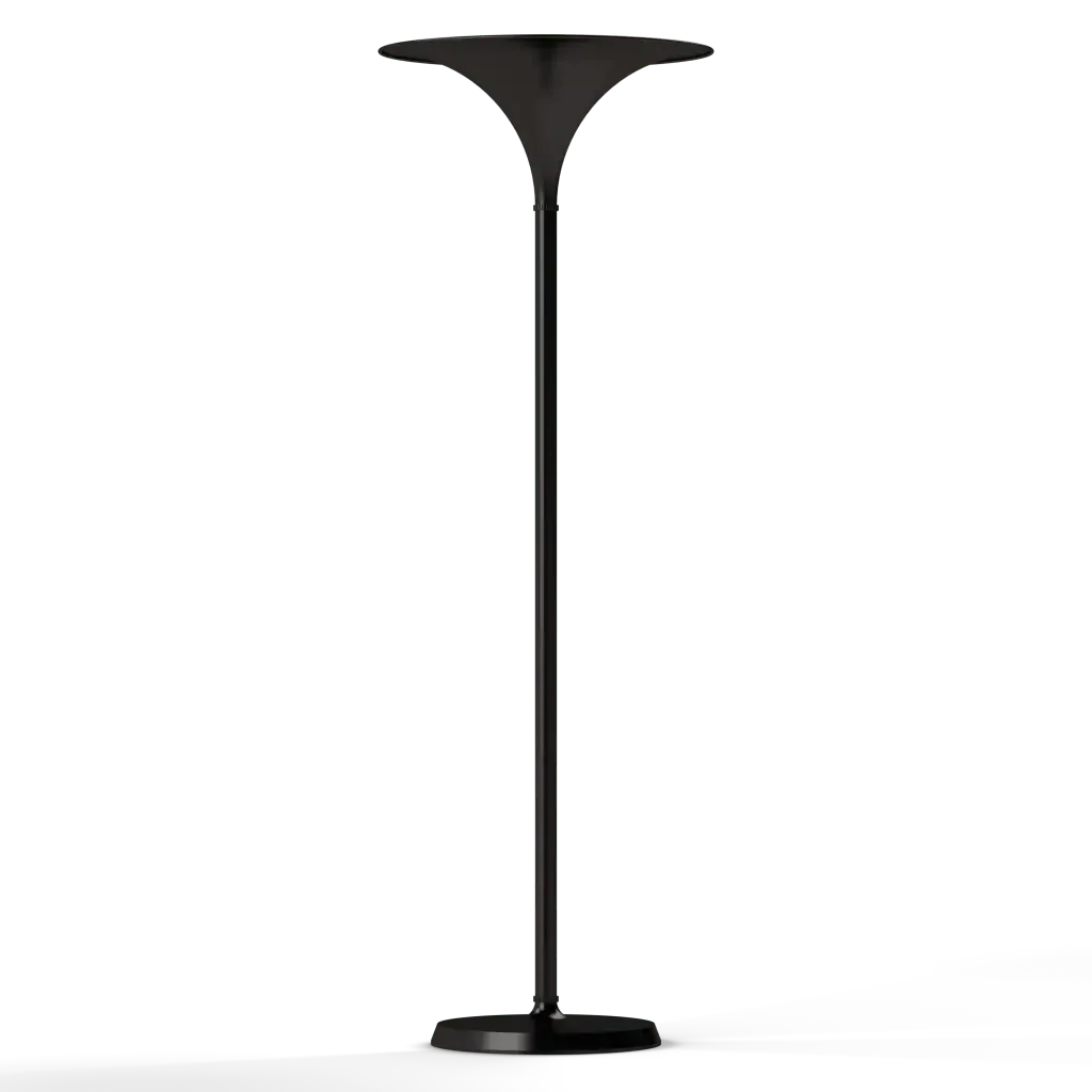 Modern black cornet floor lamp with round base and flared top providing ambient lighting for living spaces