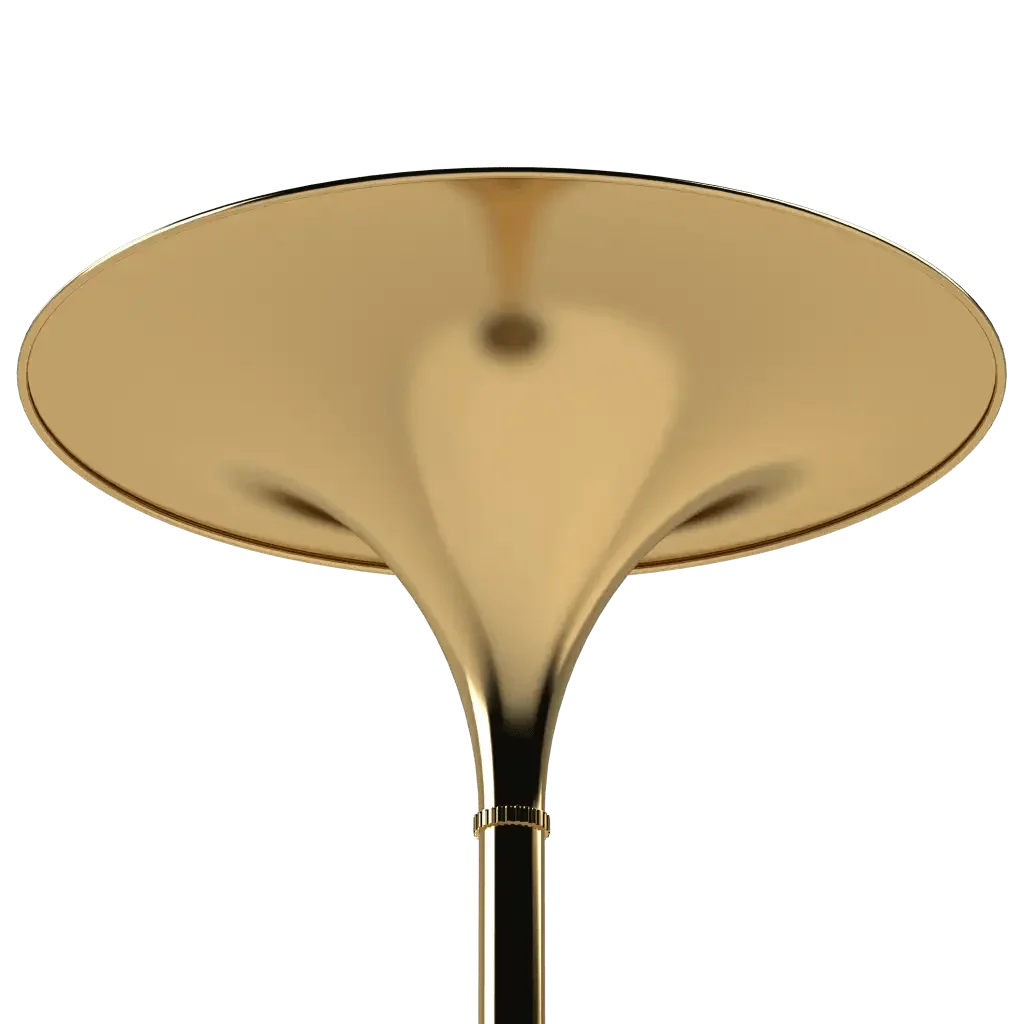 Polished brass trumpet-shaped floor lamp named Cornet floor lamp with sleek metallic finish and elegant design