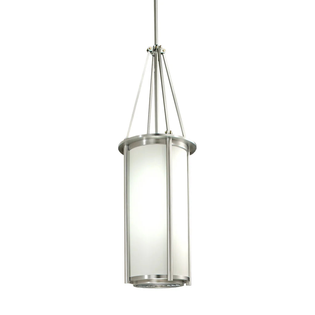 Brushed nickel pendant light with frosted glass shade and metal frame, modern design.