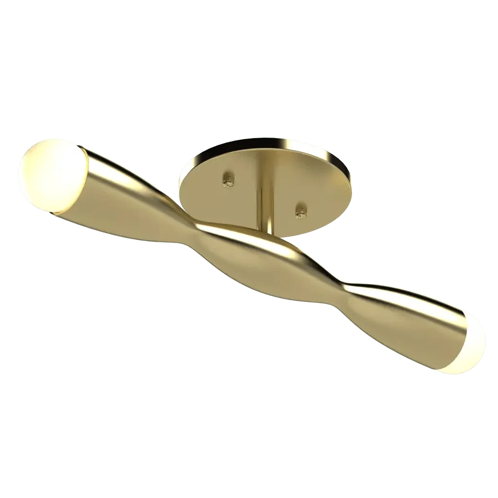 Crest flush mount brass ceiling light fixture with two illuminated ends providing ambient lighting