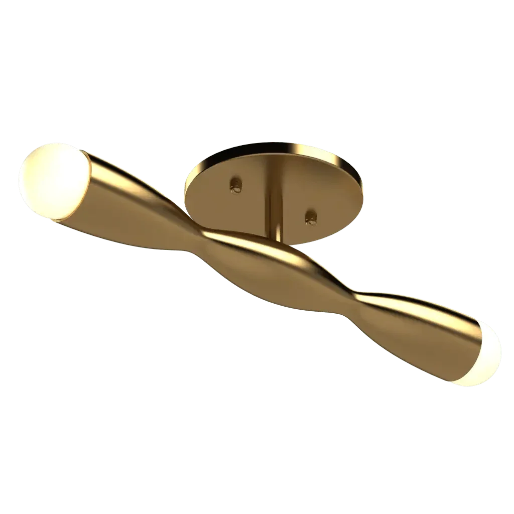 A modern gold metal crest flush mount ceiling light with two illuminated ends for ambient lighting