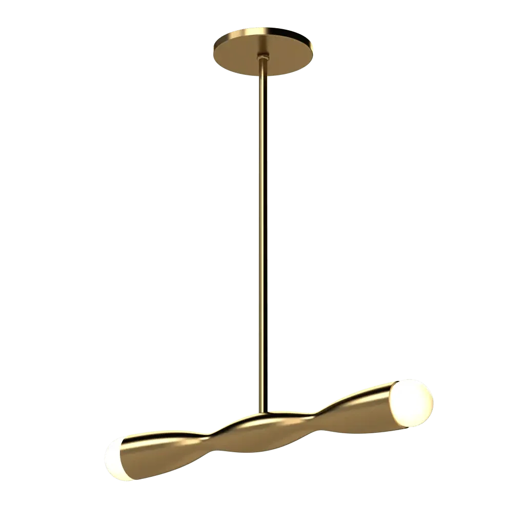 Crest Linear Pendant - polished brass finish, three-quarter view with light on