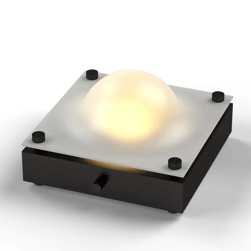 Cupola table lamp with square-based dome shape and warm yellow glow, ideal for ambient lighting
