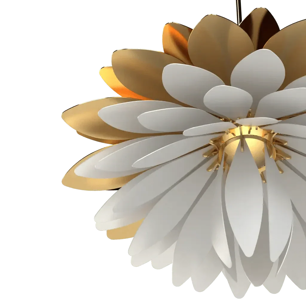 Dahlia Pendant II - polished brass finish, detail of outer white petals