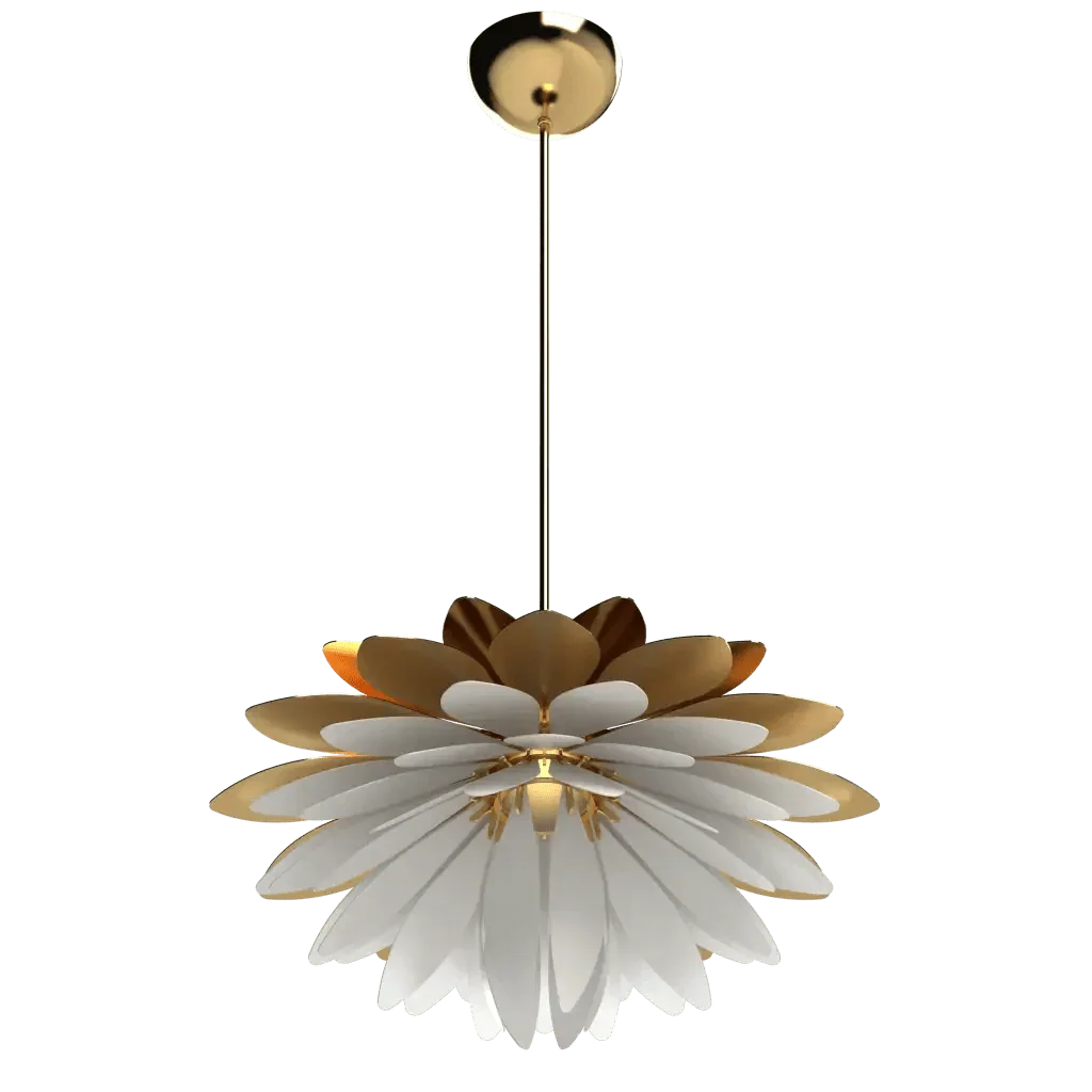 Dahlia Pendant II - polished brass finish, front elevation showing multi-layer flower form with tiered petals