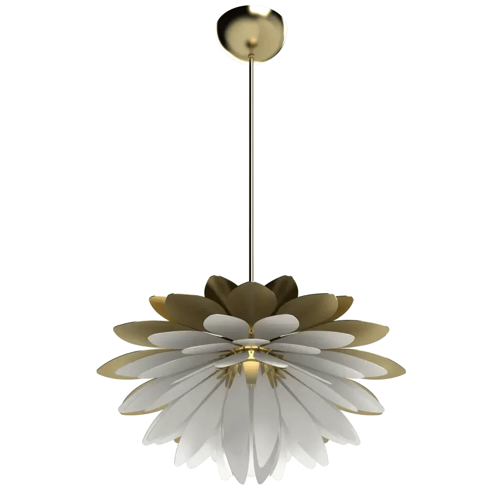 Dahlia Pendant II - polished brass finish, side profile showing thin suspension rod and circular canopy