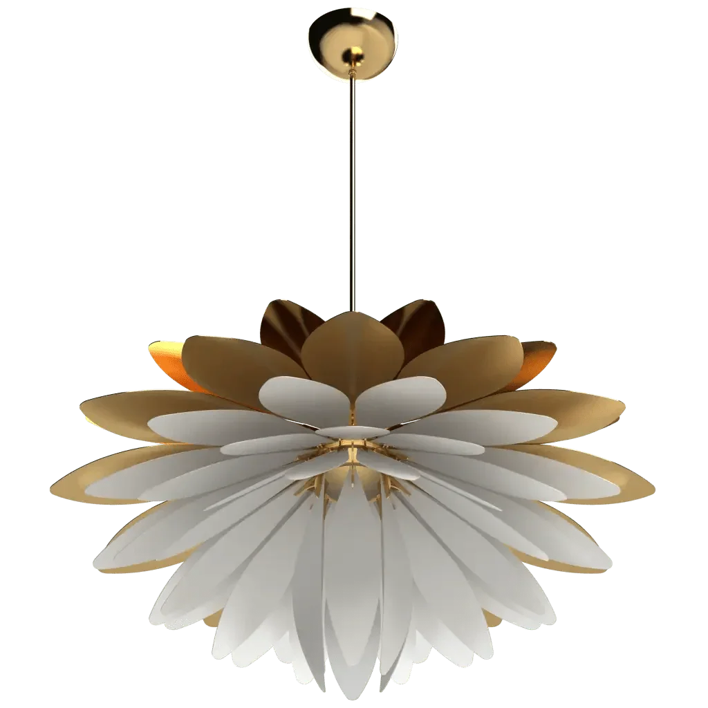 Dahlia Pendant II - polished brass finish, three-quarter view showing inner brass and outer white petals
