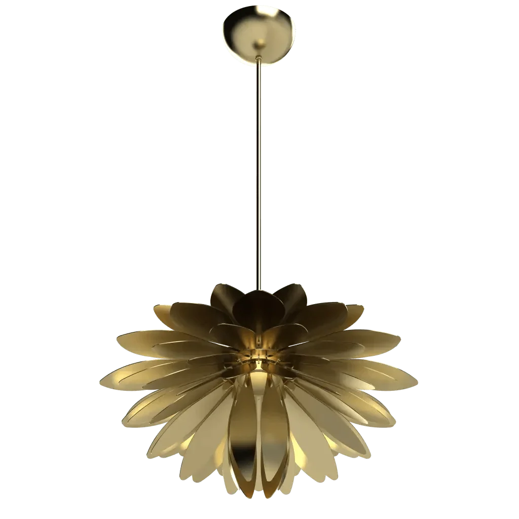 Dahlia Pendant III - polished brass finish, side profile showing thin suspension rod and circular canopy