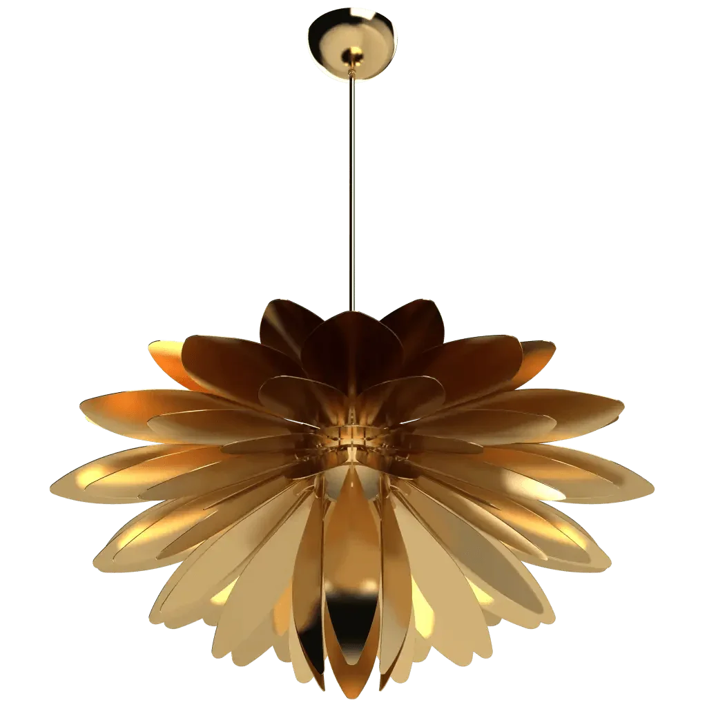 Dahlia Pendant III - polished brass finish, three-quarter view showing wider overall diameter