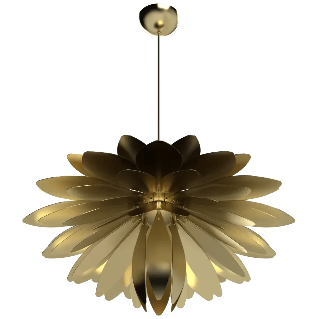 Dahlia Pendant III - polished brass finish, detail of multi-tiered petal arrangement around central hub